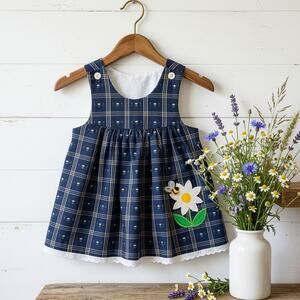 Vintage 1980s Good Lad Blue Daisy & Bumblebee Jumper Dress | Baby 18 M | NWT
